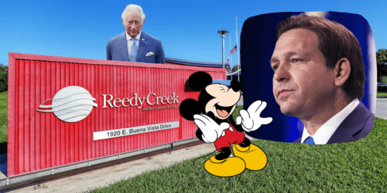 Mickey Mouse laughs at a picture of Ron DeSantis looking pensive. The two are pictured in front of a sign for Reedy Creek, which King Charles III is popping out from behind.