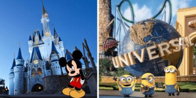 Left: an annoyed Mickey Mouse is placed in front of Cinderella castle at Walt Disney World. Right: three minions are in front the Universal globe and Islands of Adventure lighthouse