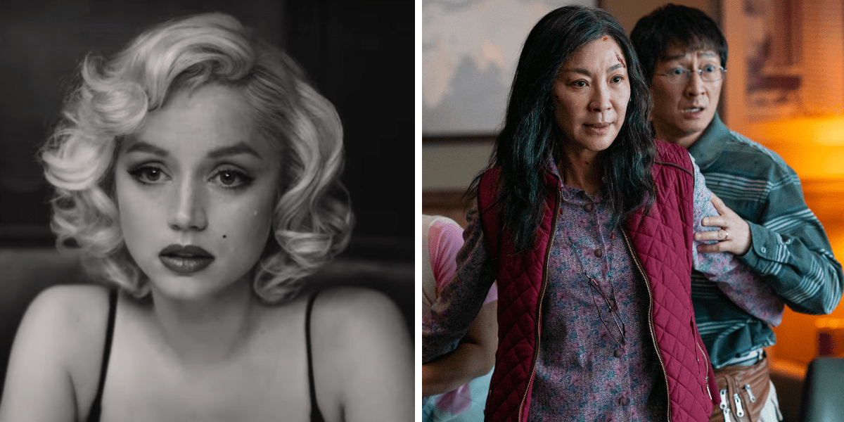Left: Ana de Armas as Marilyn Monroe. Right: Michelle Yeoh puts her arm out to defend her family in 'Everything Everywhere All at Once."