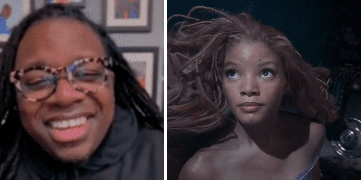 Left: A man smiles into the camera wearing glasses. Right: Halle Bailey looking serious as Ariel.
