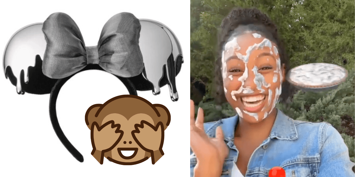 Left: Mickey Ears with silver dripping off them. Right: A woman uses a photopass filter that makes it look like white whipped cream is on her face.