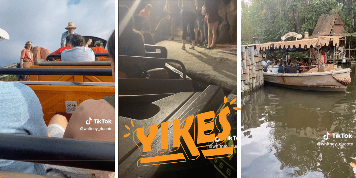 Left: Guests stuck on Big Thunder Mountain Railroad. Middle: Guests stuck on Pirates of the Caribbean. Right: Guests boarding Jungle Cruise.