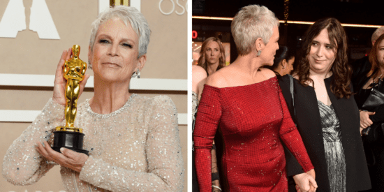 Left: Jamie Lee Curtis poses with her Oscar on the red carpet. Right: Jamie Lee Curtis walks hand in hand with her daughter, Ruby Curtis.