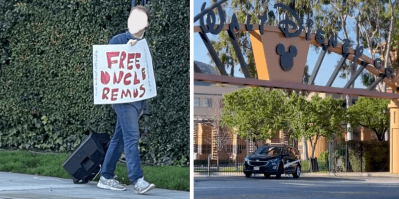 A Guest with a "FREE UNCLE REMUS" sign standing next to the Walt Disney Company headquarters in Burbank.
