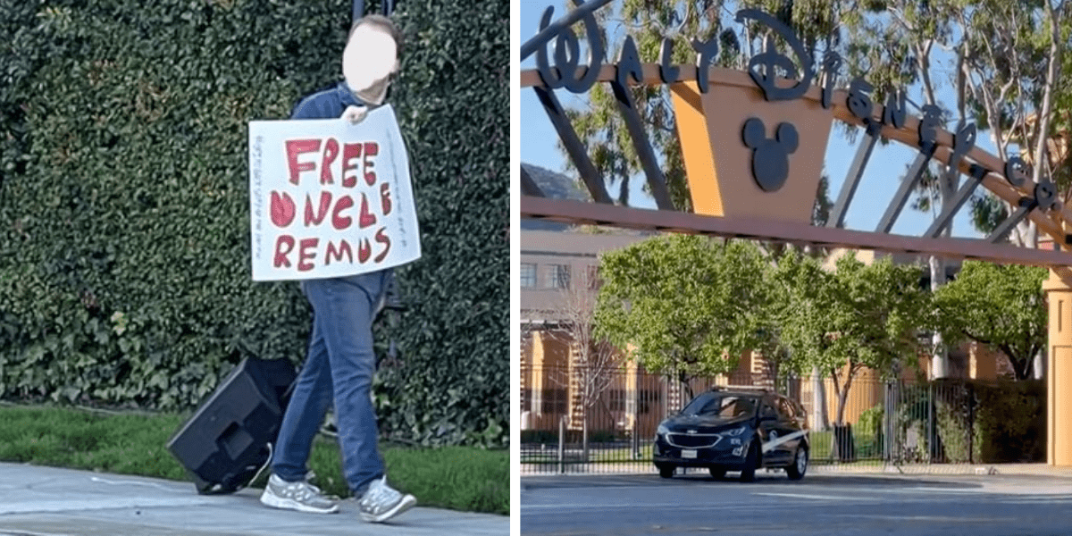 A Guest with a "FREE UNCLE REMUS" sign standing next to the Walt Disney Company headquarters in Burbank.