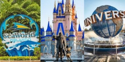 Seaworld logo, Cinderella Castle, and Universal Globe