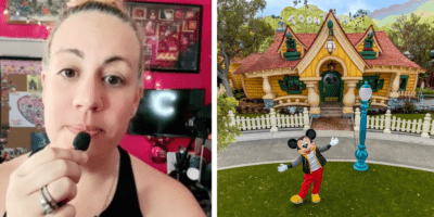 Left: A woman speaks into a small black microphone. Right: Mickey Mouse stands in front of his new house in the reimagined Disneyland toontown.