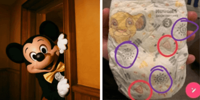 Mickey Mouse looks around a doorway, an image of a Simba Huggies diaper with some swirl designs on it, alleging a Disney conspiracy to promote pedophillic symbols