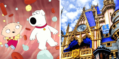 Left: Stewie Griffin and Brian Griffin float in a red liquid from a Family Guy COVID vaccine PSA. Right: Cinderella Castle, shown up close on a clowdy day at Walt Disney World.
