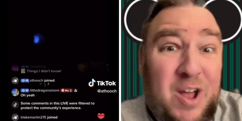 Left: A screenshot from a Disney livestreamer on the Haunted Mansion. Right: A man angrily talks to the camera.