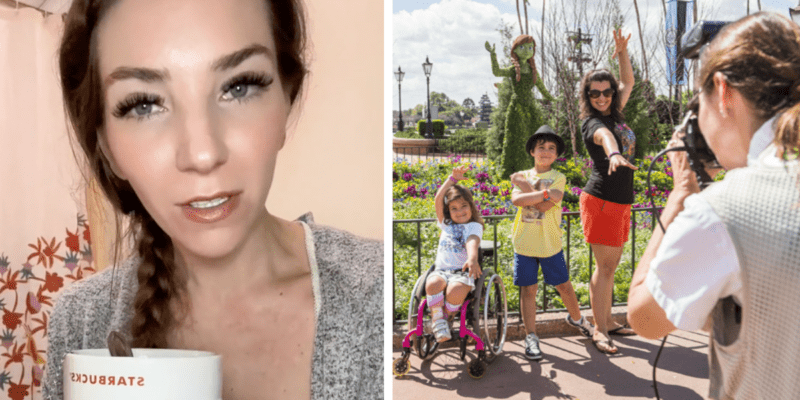 Left: A Guest speaks into her phone camera about Disney disability programs. Right: A family takes a photo in front of an Anna and Elsa topiary at EPCOT.