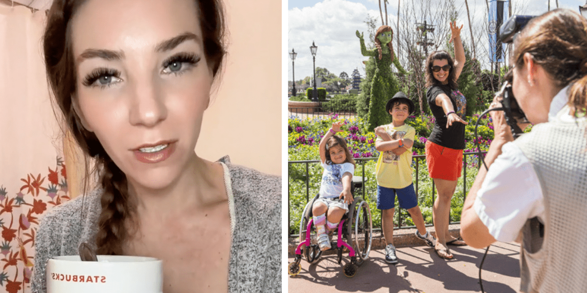 Left: A Guest speaks into her phone camera about Disney disability programs. Right: A family takes a photo in front of an Anna and Elsa topiary at EPCOT.