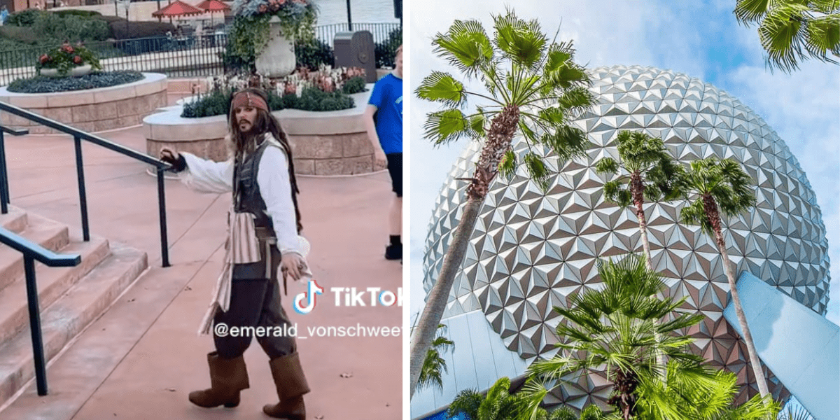 Left: Jack Sparrow looks toward Guests. Right: Spaceship Earth, with palm trees in front of it.
