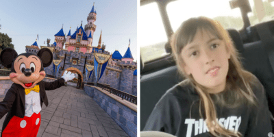 Left: Mickey Mouse in front of Sleeping Beauty Castle. Right: A little girl in a black tee shirt in a video of a Disney surprise gone wrong.