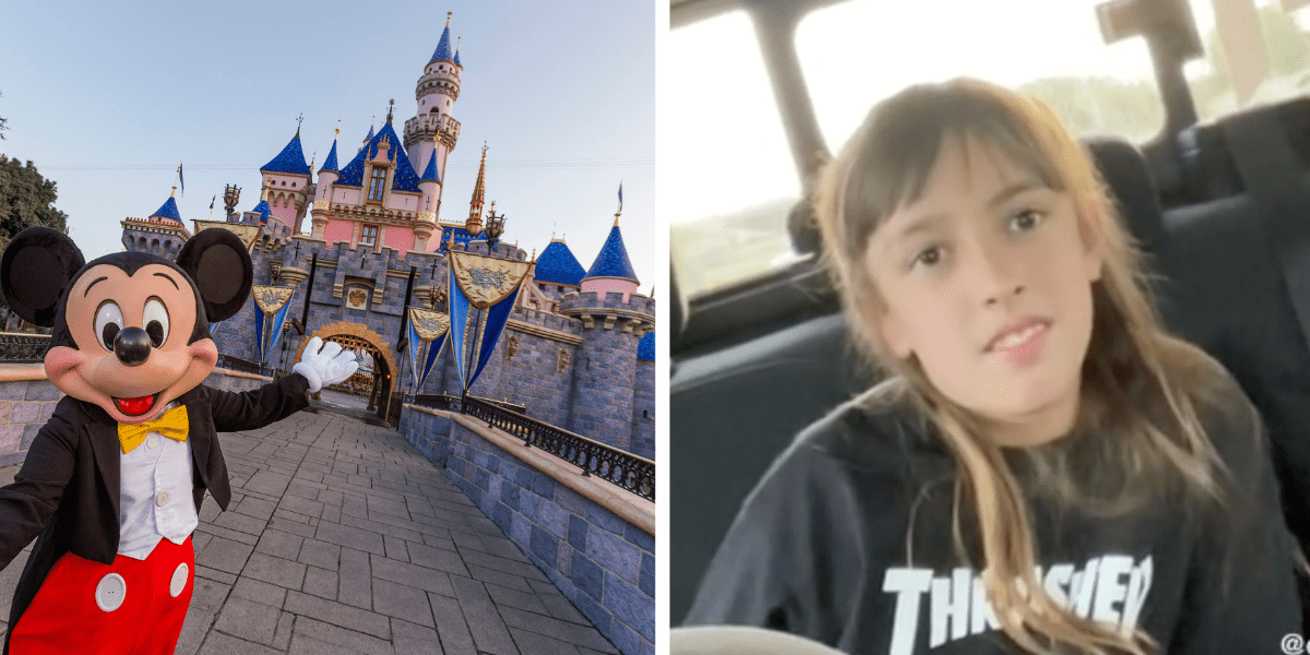 Left: Mickey Mouse in front of Sleeping Beauty Castle. Right: A little girl in a black tee shirt in a video of a Disney surprise gone wrong.