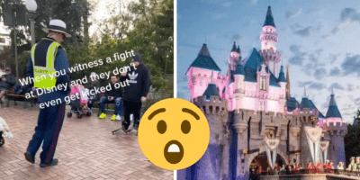 A security guard steps into a Disneyland fight, a photo of Sleeping Beauty Castle from the left side at dusk.