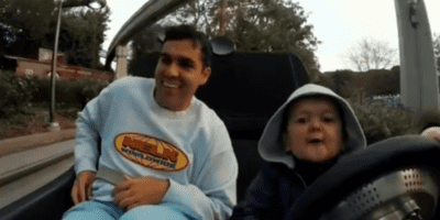Hasbulla, not a Disney influencer but known for his viral TikToks and wrestling skills, drives one of the nelk boys on Autopia.