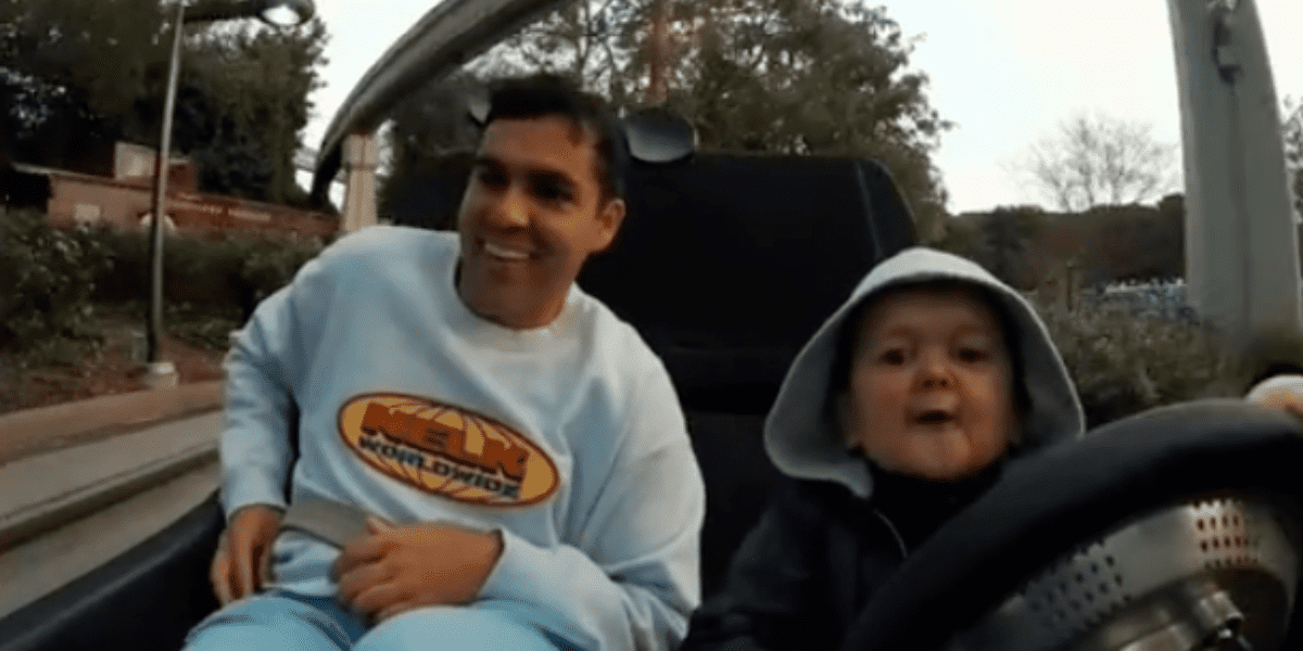 Hasbulla, not a Disney influencer but known for his viral TikToks and wrestling skills, drives one of the nelk boys on Autopia.