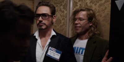 Tony Stark (Robert Downey Jr.) (left) and Aldrich Killian (Guy Pearce) in elevator, Iron Man 3