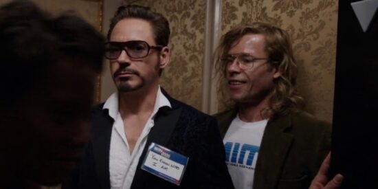 Tony Stark (Robert Downey Jr.) (left) and Aldrich Killian (Guy Pearce) in elevator, Iron Man 3
