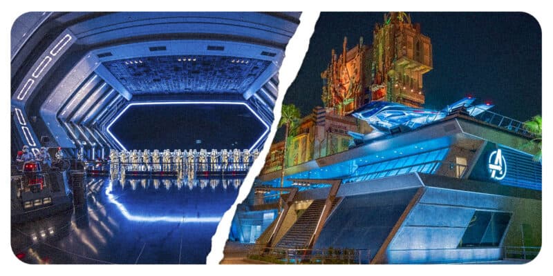 Star Wars: Rise of the Resistance attraction on the left, Mission:BREAKOUT on the right. Disney Attractions