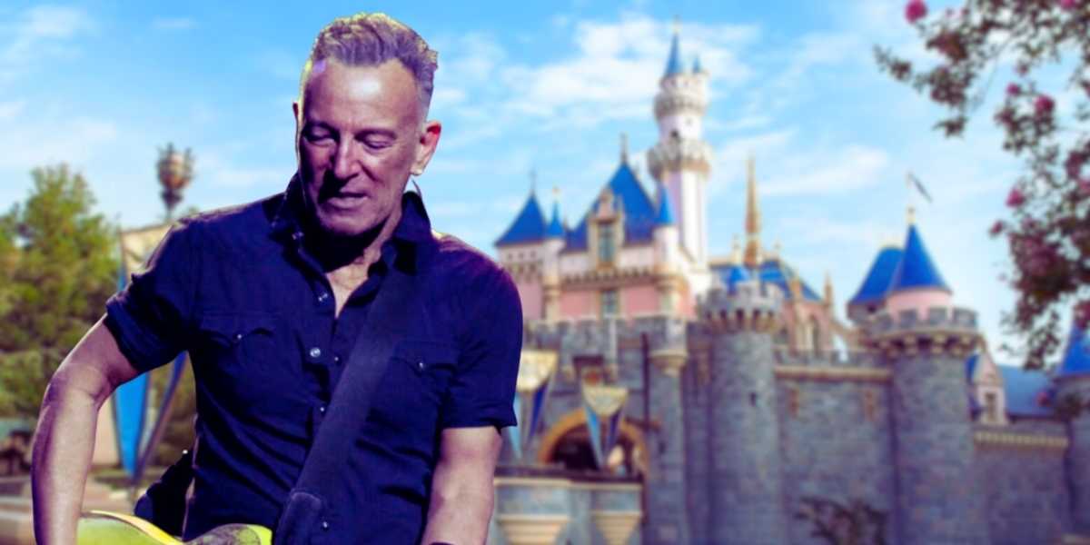 Bruce Springsteen playing guitar over Sleeping Beauty Castle at Disneyland