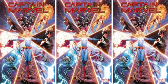 Three images of the "Captain Marvel" Issue 50 cover