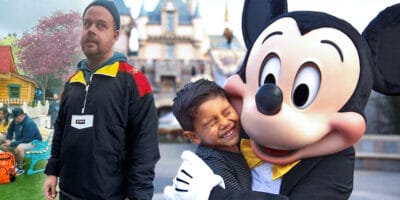 Child and Mickey Mouse and Disneyland in the background, on the right side, on the left side Tik Tok man.