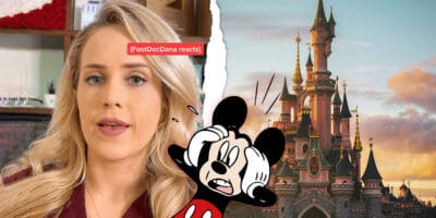 Mickey Mouse looking at the lady doctor on the left side, Disney Castle on the right side