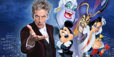 Doctor Who Capaldi and Disney Darkest Villains at the background (Mickey Mouse looking at them)