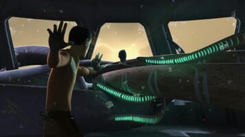 A thrilling scene unfolds as glowing tentacles burst through a window in a shadowy, animated room, with a guest inside ducking for cover—a dramatic moment reminiscent of the heart-pounding effects found in immersive theme park attractions inspired by Rebels and The Mandalorian.