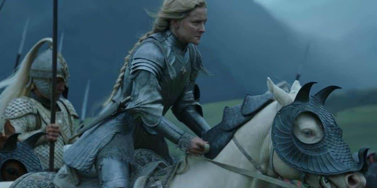 Galadriel riding horse in armor, Rings of Power