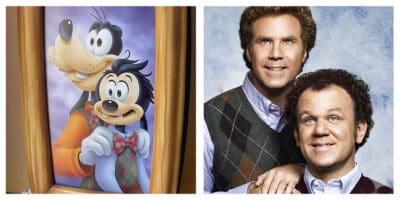 Goofy and Max are posing like ‘Step Brothers‘ at Disney on the left and ‘Step Brothers‘ movie poster on the right.