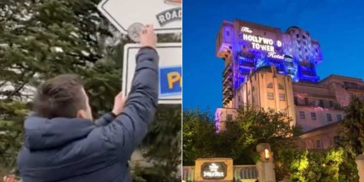Disney Guest defacing theme park (L) / Disney's The Twilight Zone Tower of Terror (R)