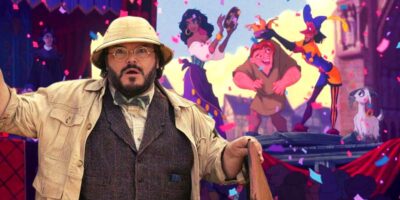Jack Black from the 'Jumanji' franchise with 'The Hunchback of Notre Dame' characters in the background