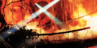 Bridge scene with pyrotechnics at Indiana Jones Adventure at Disneyland Resort