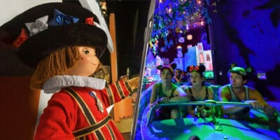 ‘It’s a small world’ attraction filled with people on the right and a doll of ‘it’s a small world’ on the left