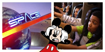 Mission: SPACE on the left, children on the attraction on the right and shocked Mickey Mouse, looking at the attraction