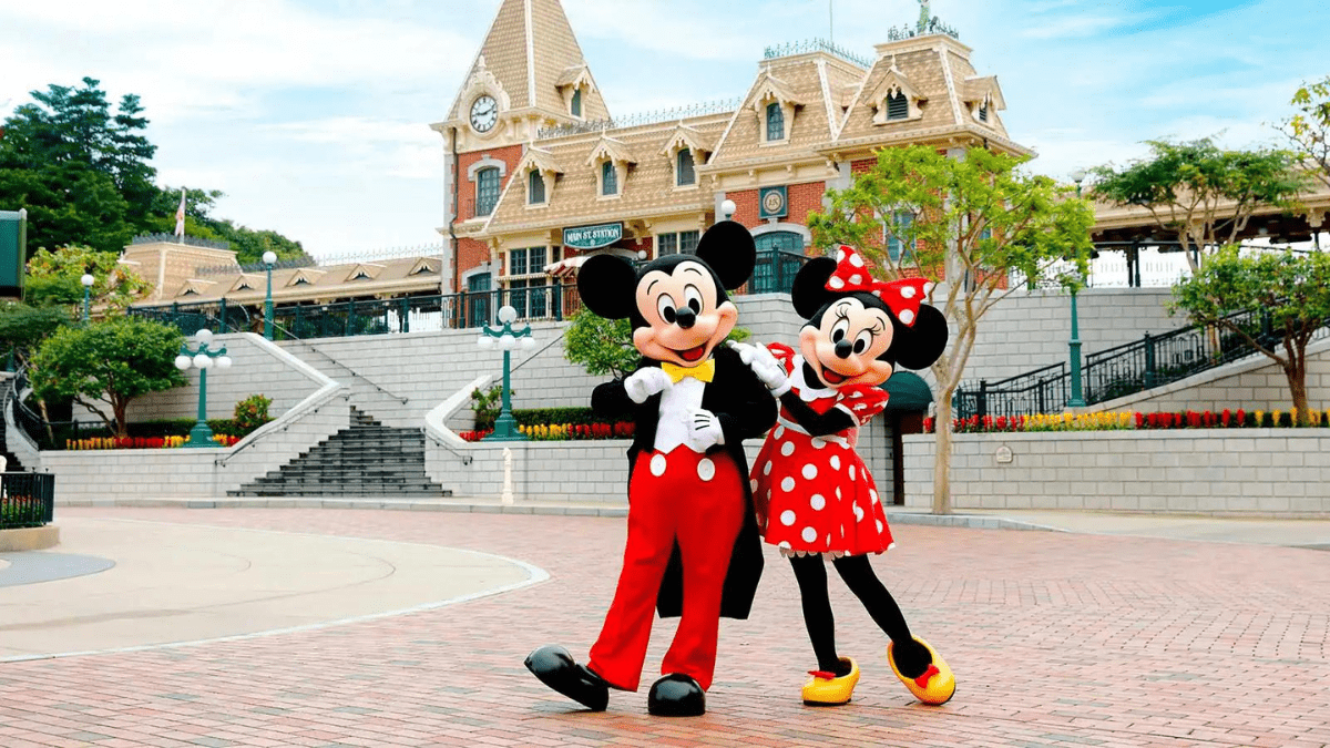 Mickey Mouse and Minnie Mouse meet and greet at at Town Square, Main Street, U.S.A, in Hong Kong Disneyland