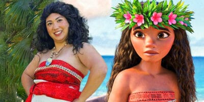 A girl in Moana Costume on the left and Moana Disney Character on the right