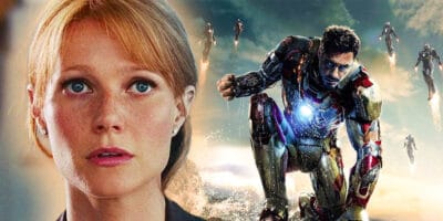 Pepper Potts Character on the left and 'Iron Man 3' poster on the right