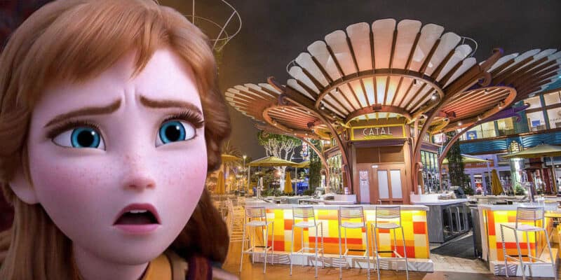 Shocked Anna from 'Frozen' looking at one of Disney's Restaurants on the right side
