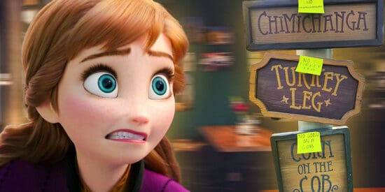 The shocked character Anna from ‘Frozen’ is on the left side, looking at Disney’s boards with inscriptions. The restaurant at the background. Disney news stories