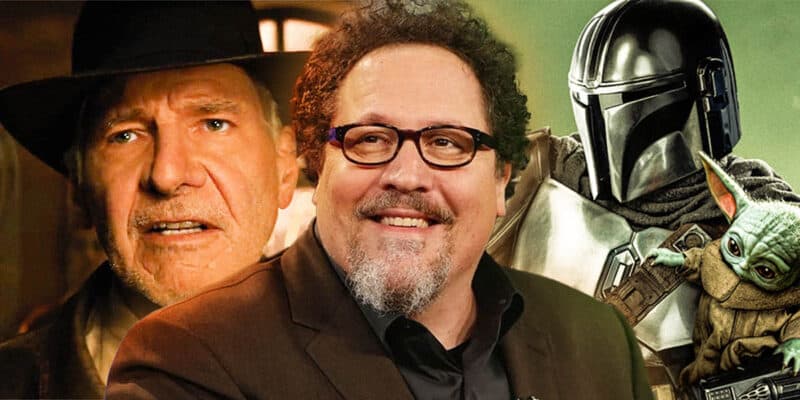 Jon Favreau in the middle, in the background Indiana Jones (on the left), The Mandalorian (on the right).