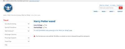 Screenshot from the TSA website stating that Harry Potter wands are authorized in Carry-on and checked-in luggage when traveling in the US