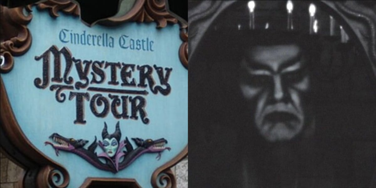 Cinderella Castle Mystery Tour sign, magic mirror actor Disney