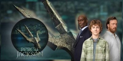Percy Jackson and the Olympians casts with the trident as a background