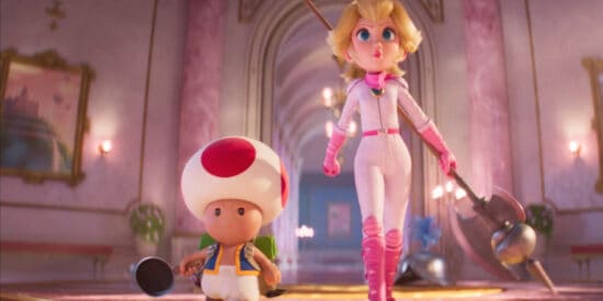 Peach walking with a halbred, Toad with a frying pan