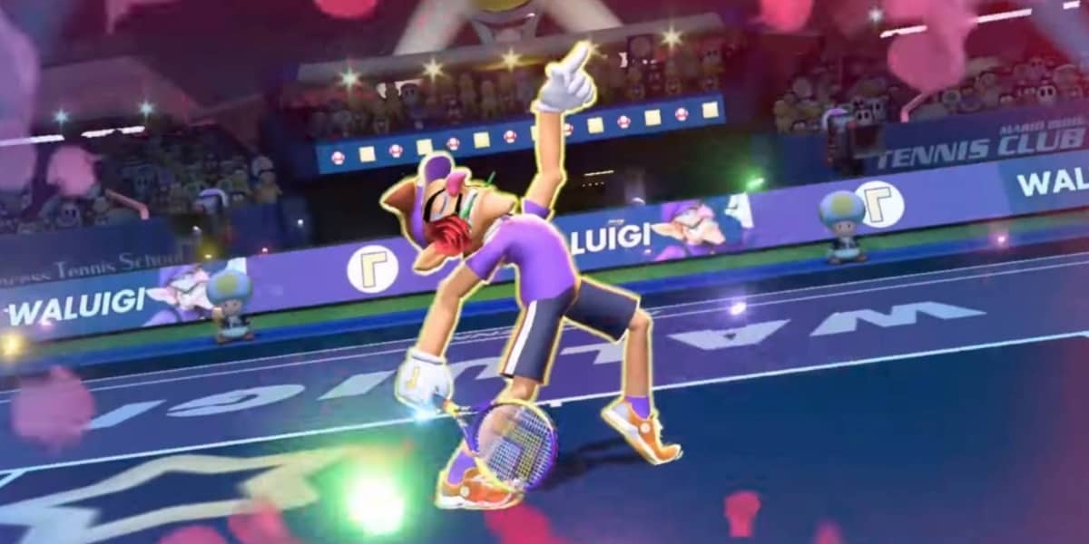 Waluigi posing with his tennis racket Nintendo