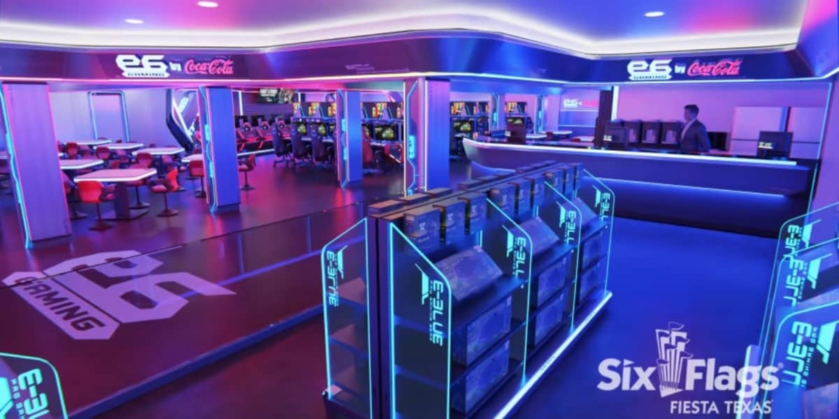 a look at the lounge area at the ESIX gaming arena in Six Flags Fiesta Texas